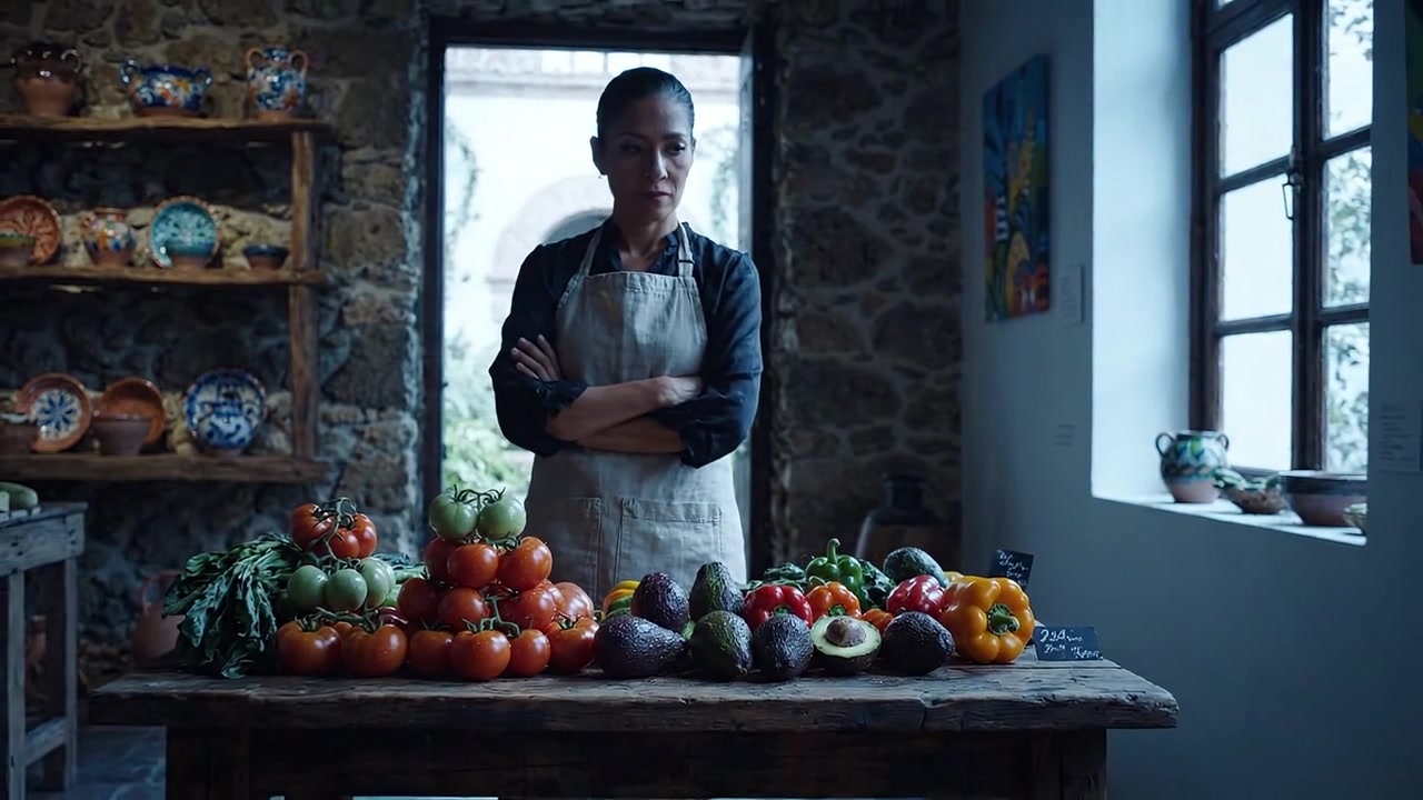 Seorang Wanita Penuh Perhatian di Dapur Artisan, Dikelilingi Sayuran Segar dan Hasil Bumi Berwarna-warni, Menekankan Keindahan Bahan-bahan dari Petani ke Meja Makan.