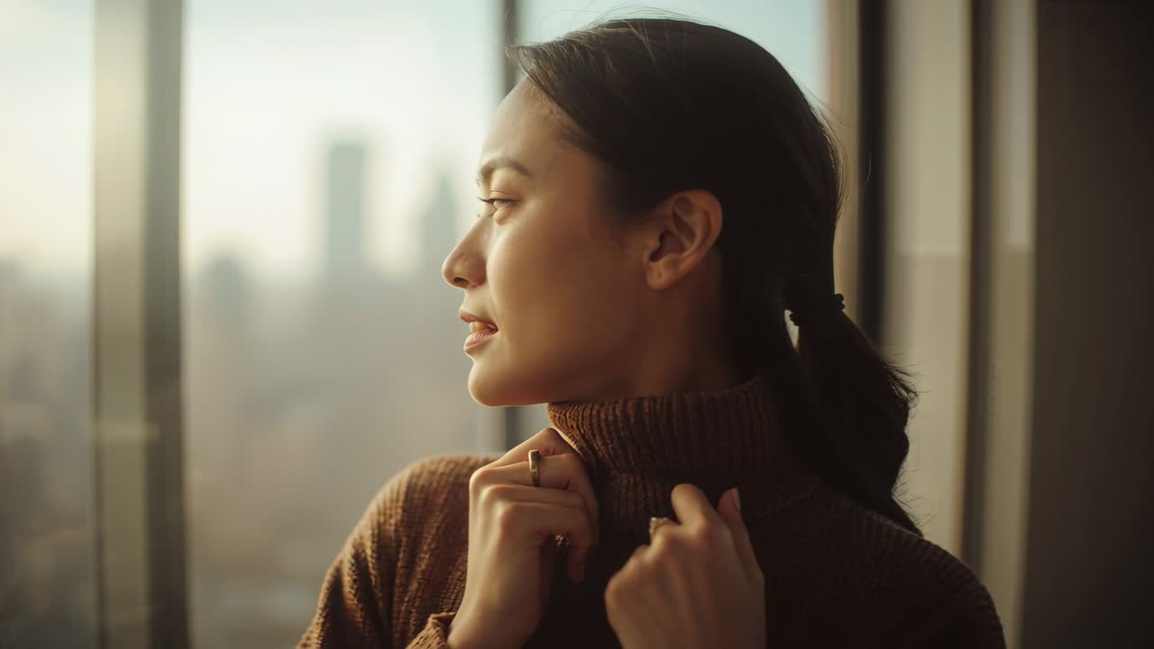 Turning Asian woman in brown turtleneck adjusting collar at floor-to-ceiling window, with ponytail