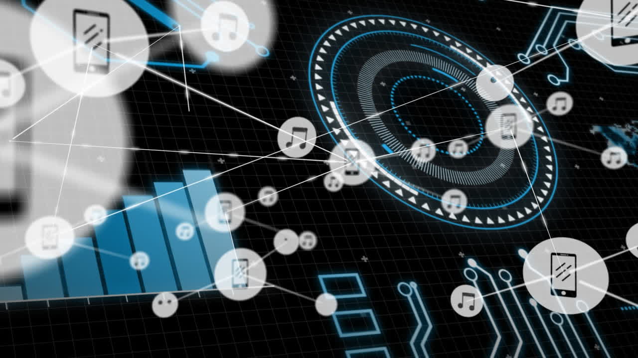 Animation of data processing and network of connections over black background