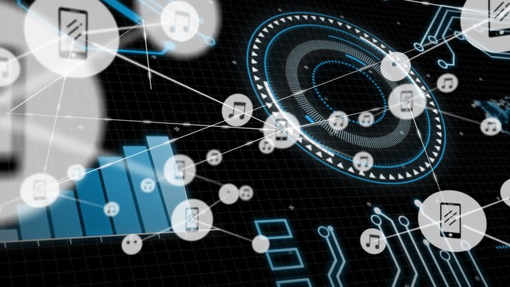 Animation af databehandling og netværk af forbindelser over sort baggrund