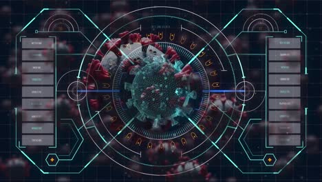 interfaz digital con procesamiento de datos contra el escaneo de alcance sobre la célula de covid-19 en fondo negro