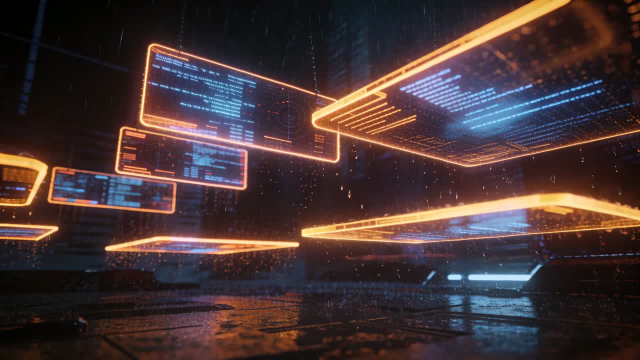 Camera dolly initiating holographic data panels floating, rotating, tilting to reveal code for UI