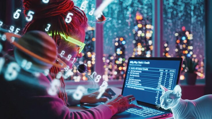 An individual engaged in digital finance management, analyzing data on a laptop while abstract numbers and an illuminated cat enhance the cyber atmosphere.