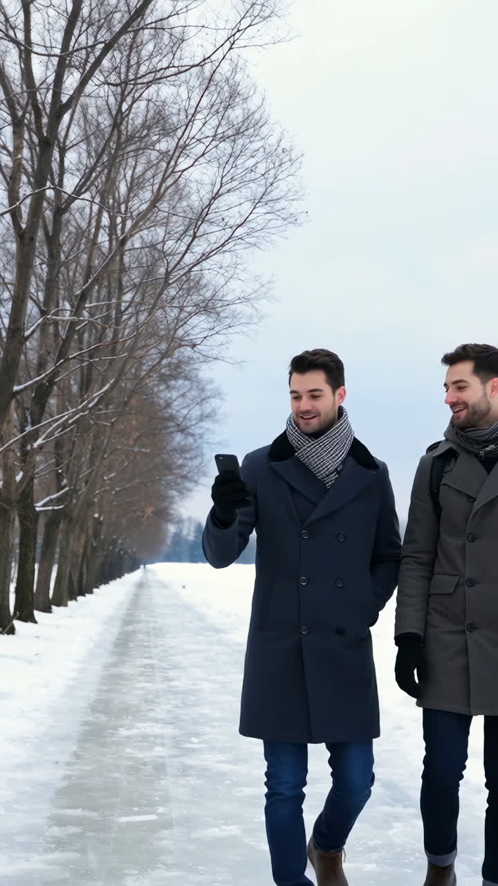 Two Men Walking and Chatting on a Snowy Path in Winter