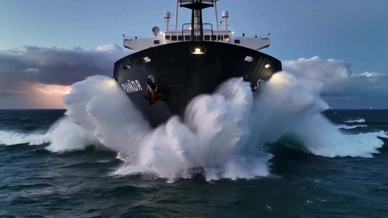 Plowing large cargo tanker bow meeting storm waves, charging through sea with lightning and spray