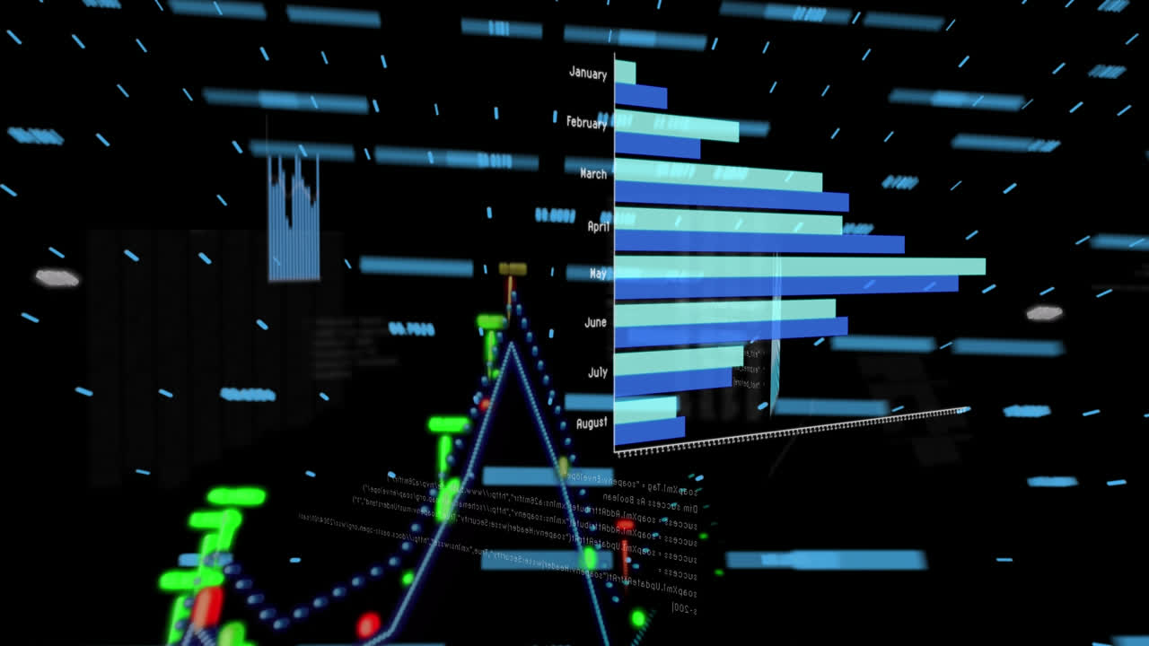Animation of financial data processing over black background