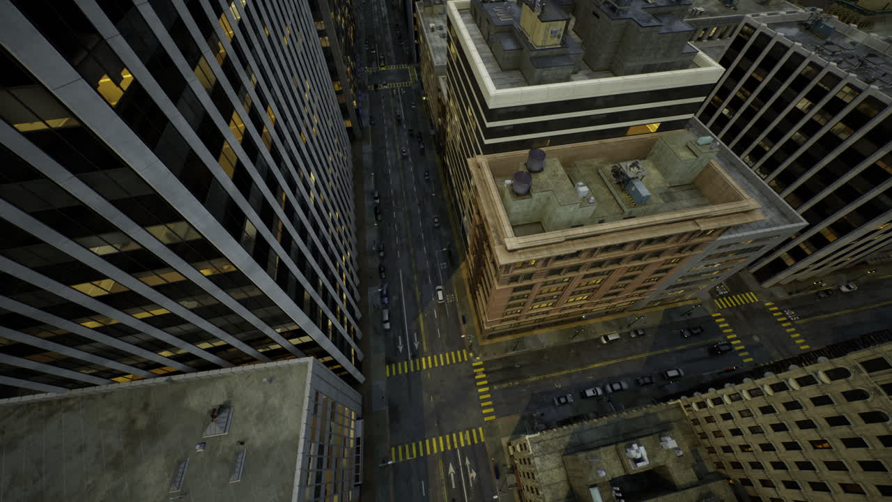 City streets at night reveal urban life and illuminated buildings from above