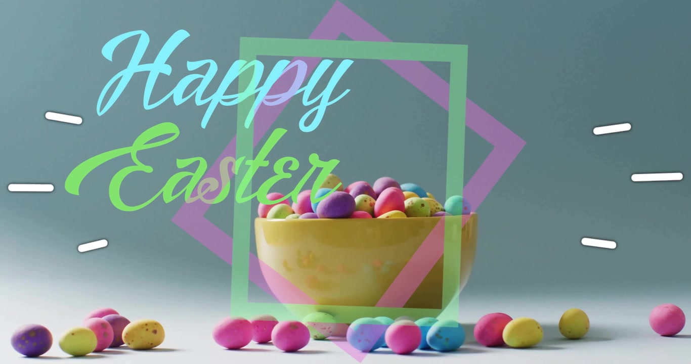 Avvio riproduzione: ciotola gialla, quadrati che ruotano, uova statiche, testo che svanisce Buona Pasqua, creazione di un biglietto.