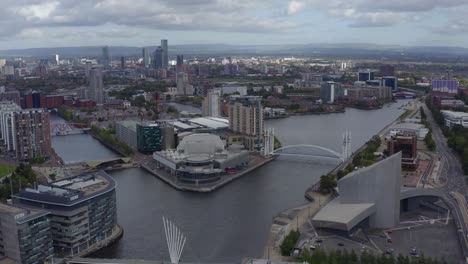 drone shot approaching salford quays