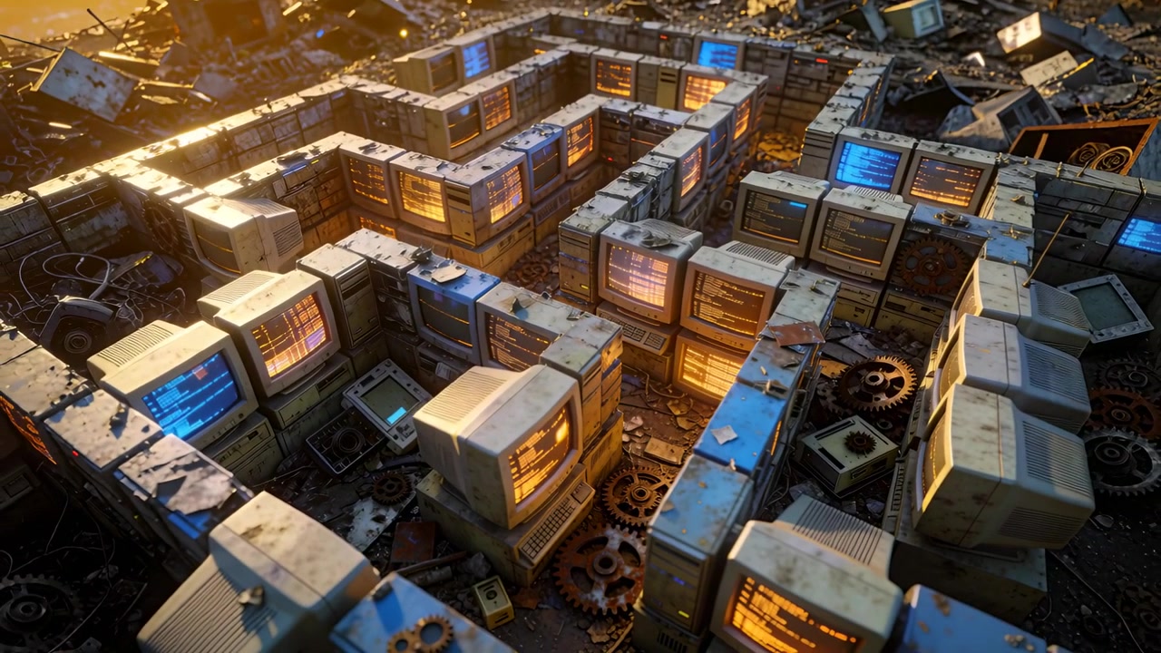 Pulling back cam as sun shifting, revealing maze CRT monitors in scrapyard with glowing text