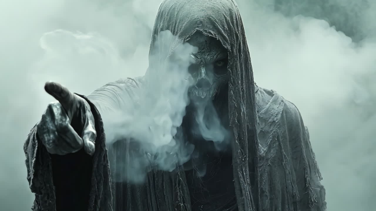 A skeleton with a long robe and a pointed finger pointing to the sky. The atmosphere is dark and ominous