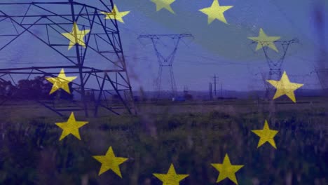 animation of european union flag over electricity pylons in field