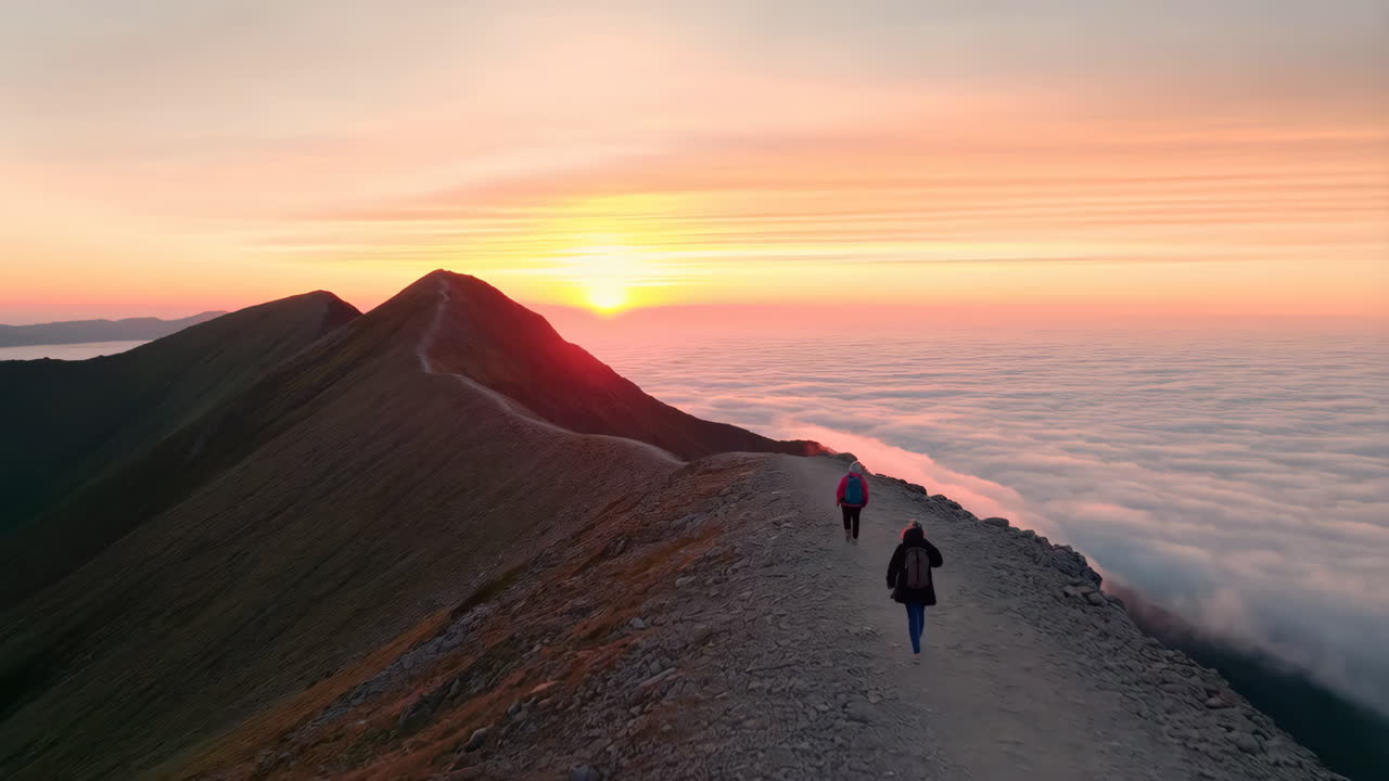 Hikers on a Mountain Ridge Above Clouds at Sunrise