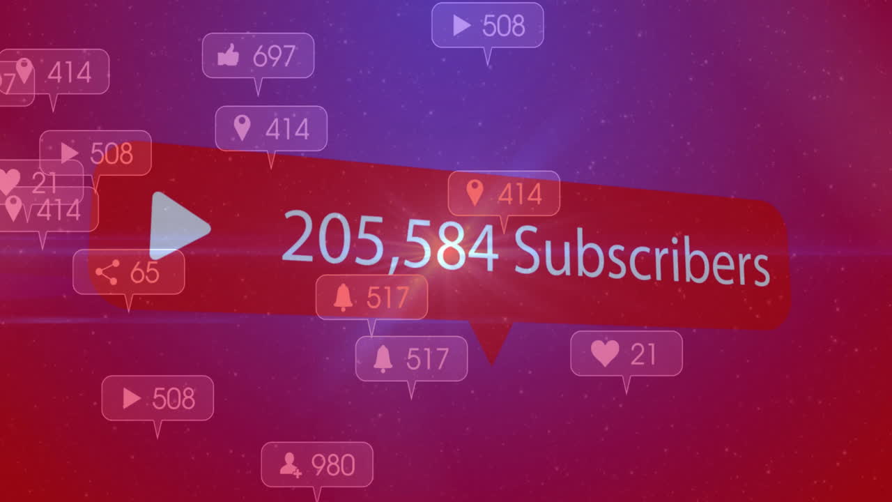Animation showing social media subscriber count increasing with engagement icons