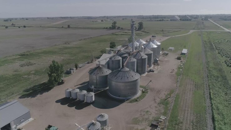 Aerial view of corn cilos in the countryside