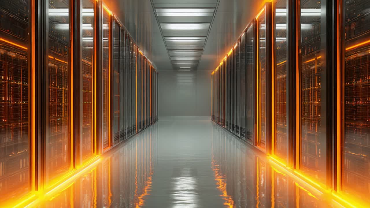 En elegant og moderne datacenterskorridor oplyst af glødende orange lys, der viser rækker af serverracks og reflekterende overflader, der forstærker den teknologiske atmosfære.