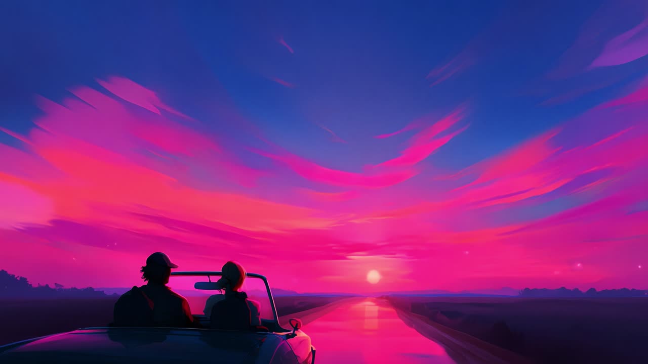 A Serene Evening Journey: Two Silhouetted Figures Enjoying a Vibrant Sunset Drive Along a Peaceful Highway, Bathed in Striking Pink and Purple Hues Reflecting on the Road Ahead