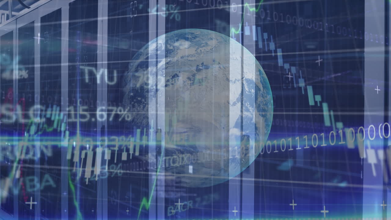 Animazione di diversi dati finanziari, grafici e globo su server