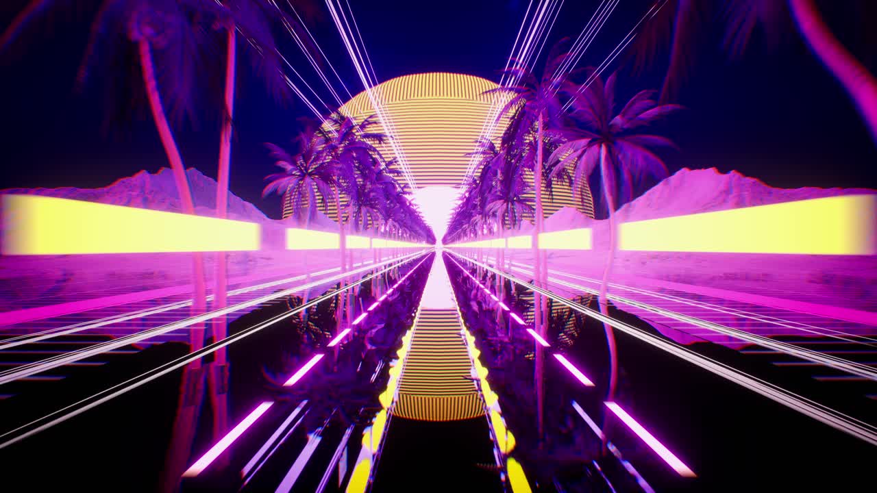 Luci al neon lampeggianti. Concetto di musica e discoteca. Sfondo synthwave in stile retrò anni '80.