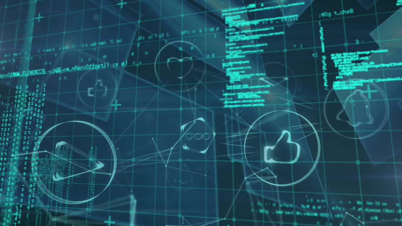 animación de iconos en círculo, forma geométrica y lenguaje informático sobre un fondo abstracto