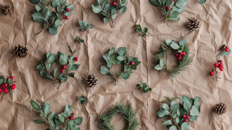 Christmas Wreath Arrangement on Kraft Paper