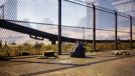 abandoned urban area with litter and fencing in a barren landscape