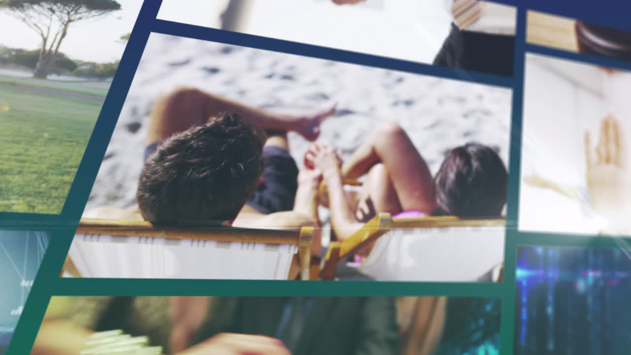 pantallas compuestas de desplazamiento, incluyendo pareja en la playa, tecnología digital y apretón de manos