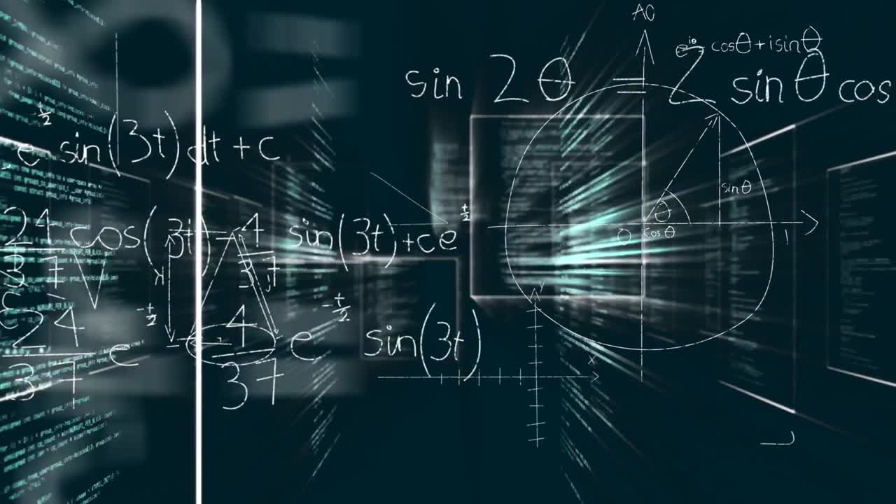 Animation of mathematical equations and data processing over black background