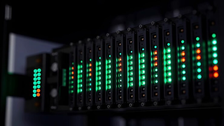Una vista ravvicinata mostra una fila di hardware server scuro mentre indicatori di stato illuminati sfarfallano sui pannelli frontali, con moduli ripetuti che sfumano dolcemente sullo sfondo.