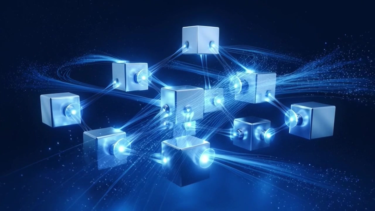 Digital Network of Interconnected Glowing Cubes Representing Blockchain Technology