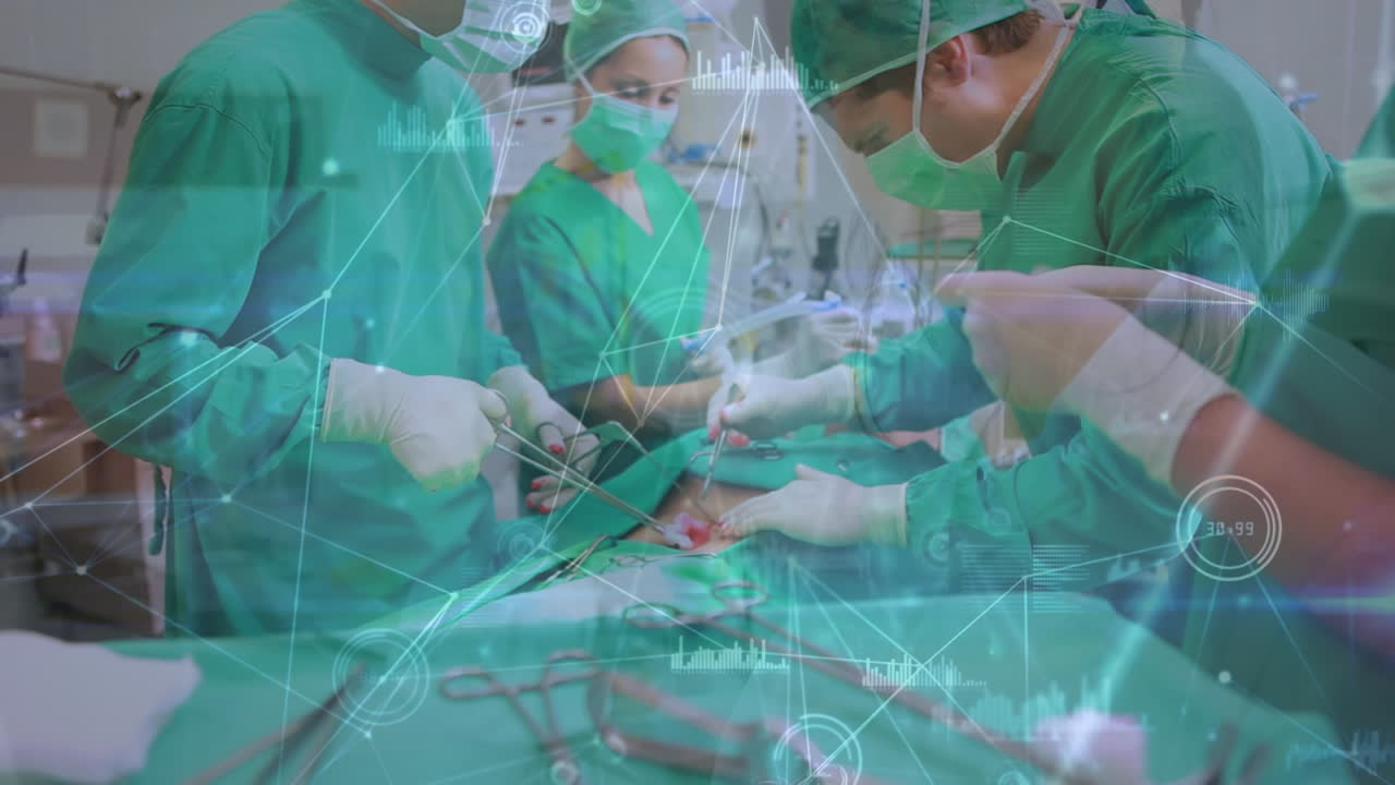 animación de la red de conexiones con procesamiento de datos sobre diversos cirujanos y pacientes