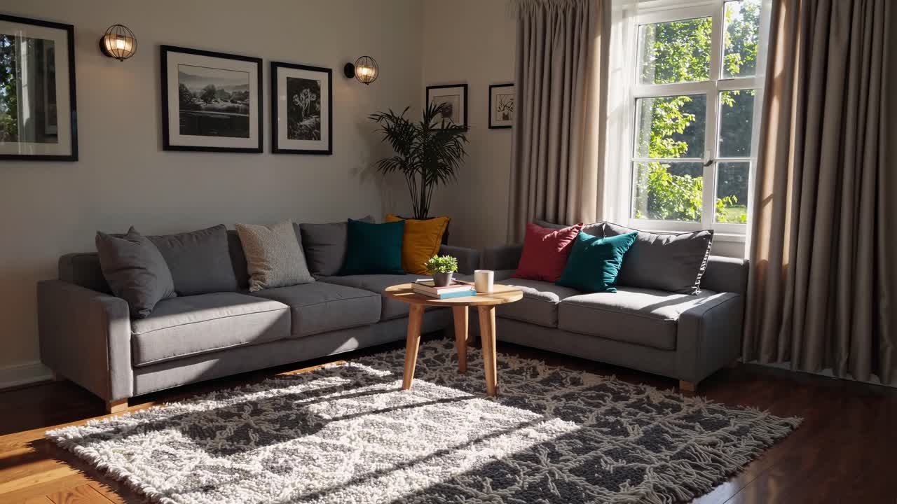 Bright living room with modern decor, featuring a gray sofa and colorful cushions
