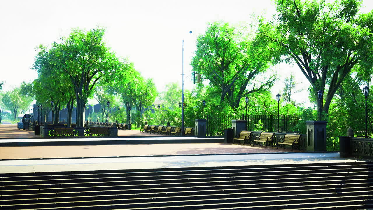 Scenic park with trees and benches inviting relaxation on a sunny day