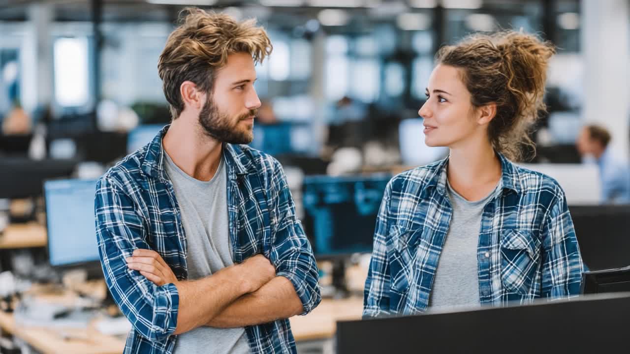 Casual Office Interaction: Two Colleagues Engaging in a Friendly Conversation While Wearing Matching Flannel Shirts in a Modern Workspace Setting