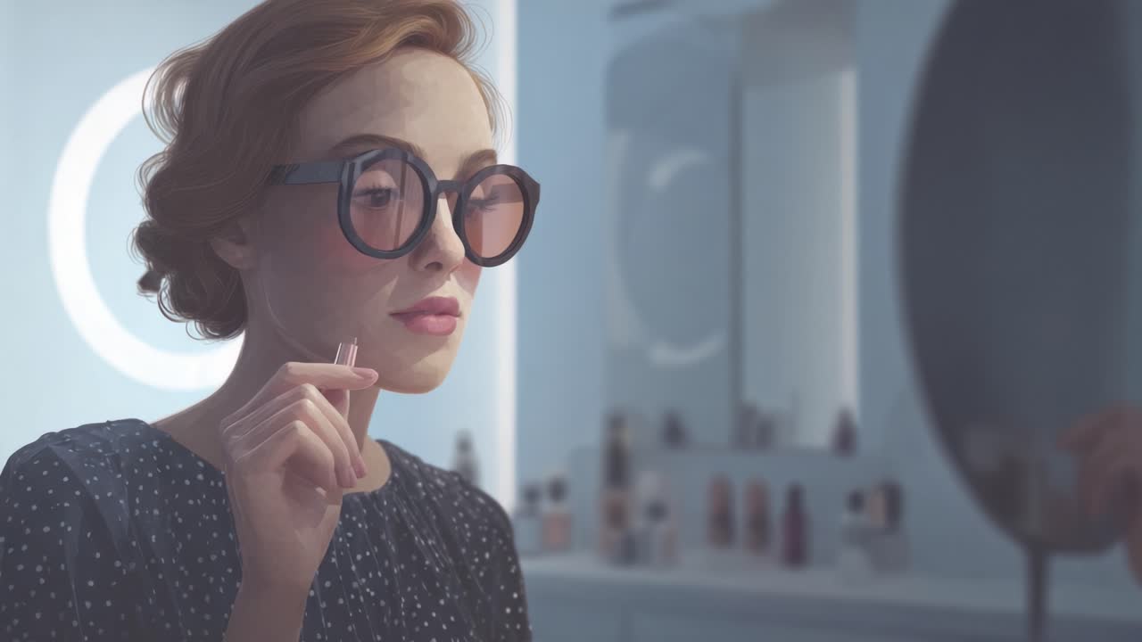A woman in stylish oversized glasses reflects in a mirror while applying makeup, showcasing a blend of elegance and modern beauty rituals in a softly lit, contemporary setting