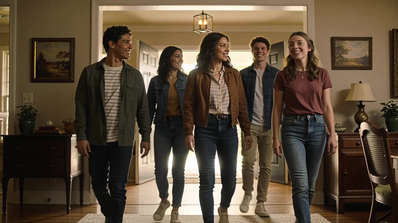 Front door opening, group of five friends wearing jackets and jeans walking into home, visiting