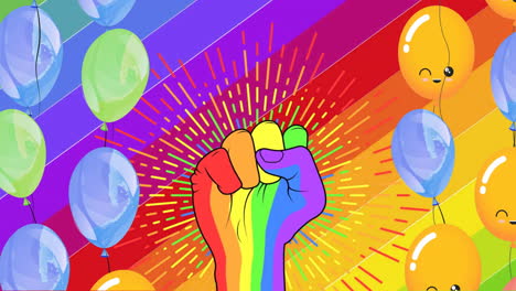 Animation-Einer-Regenbogenfaust-Und-Bunten-Luftballons-Auf-Regenbogenhintergrund