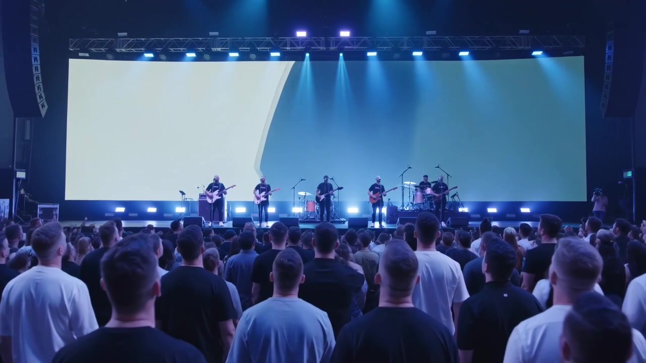 Band spielt auf der Bühne im Veranstaltungsort, LED-Grafiken beginnen zu laufen und Lichter intensivieren sich für das Publikum.