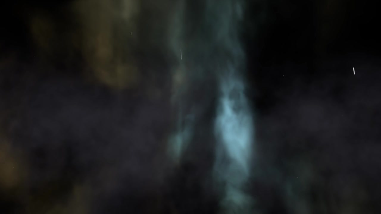 Flickering teal nebula pillar responding to particle burst crossing starfield, with white streaks