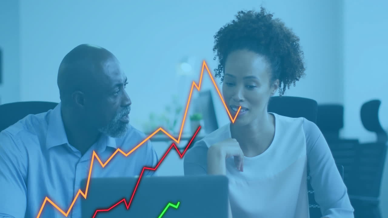 Animation of financial data processing over diverse colleagues discussing work in office