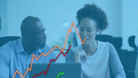 animation of financial data processing over diverse colleagues discussing work in office