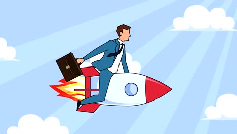 flat cartoon businessman character with case bag  fly on rocket startup concept animation