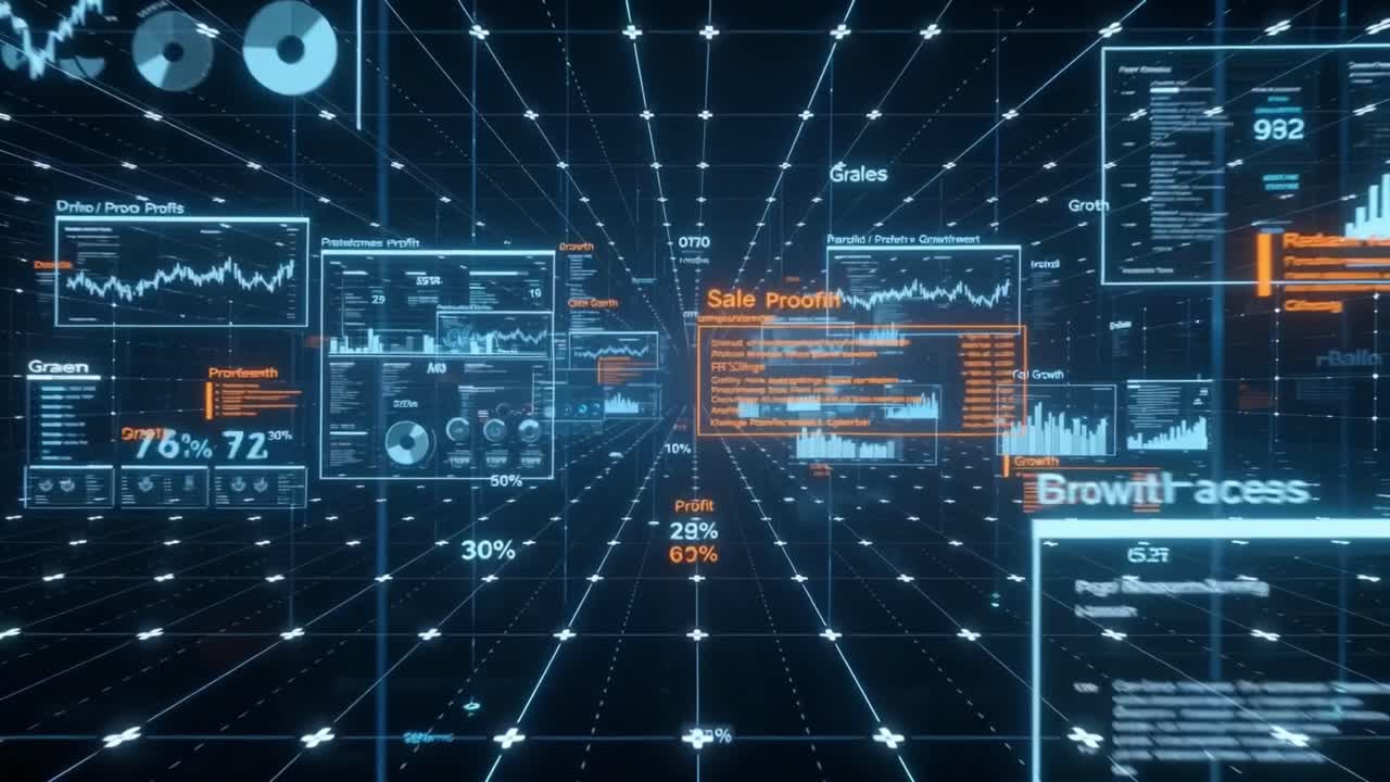 Digital dashboard with glowing data panels and graphs. Futuristic interface shows financial metrics and growth stats. Blue and orange lights illuminate floating screens. No people present