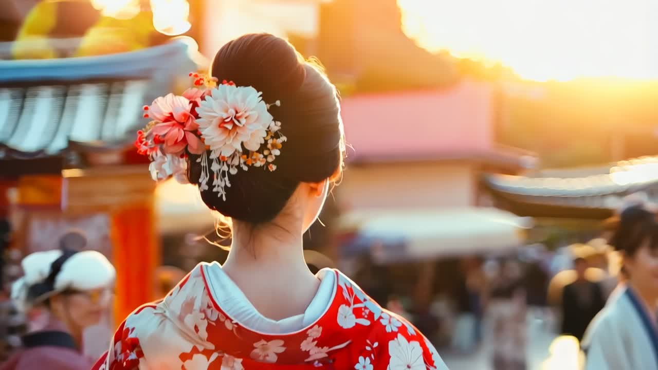 una mujer en un kimono rojo y blanco con flores en el cabello