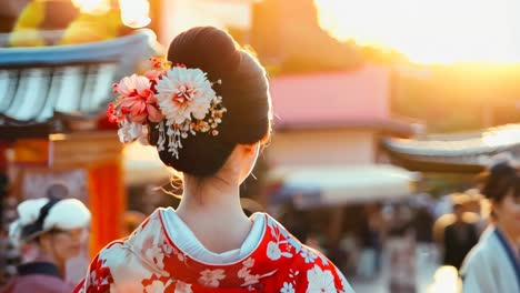 a woman in a red and white kimono with flowers in her hair