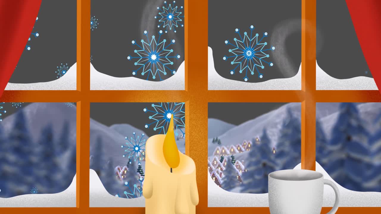 창문에서 볼 수 있는 겨울 풍경의 애니메이션