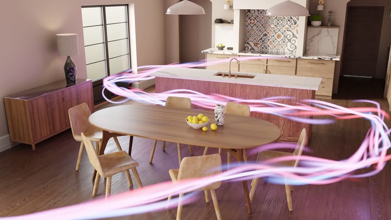 moderno soggiorno appartamento con flusso di energia 3d rendering animazione interior design concetto intelligente artificiale prendere il sopravvento nel compito quotidiano
