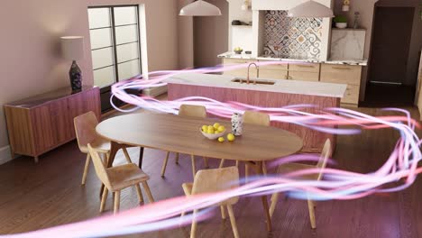 Modernes-Wohnzimmer-Apartment-Mit-Energiefluss,-3D-Rendering-Animation,-Innenarchitektur-Konzept,-Künstliche-Intelligenz-übernimmt-Die-Täglichen-Aufgaben