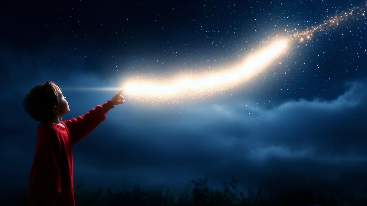 A young child, bathed in starlight, reaches up to touch a sparkling cosmic trail in the night sky, embodying wonder and imagination as they connect with the universe around them