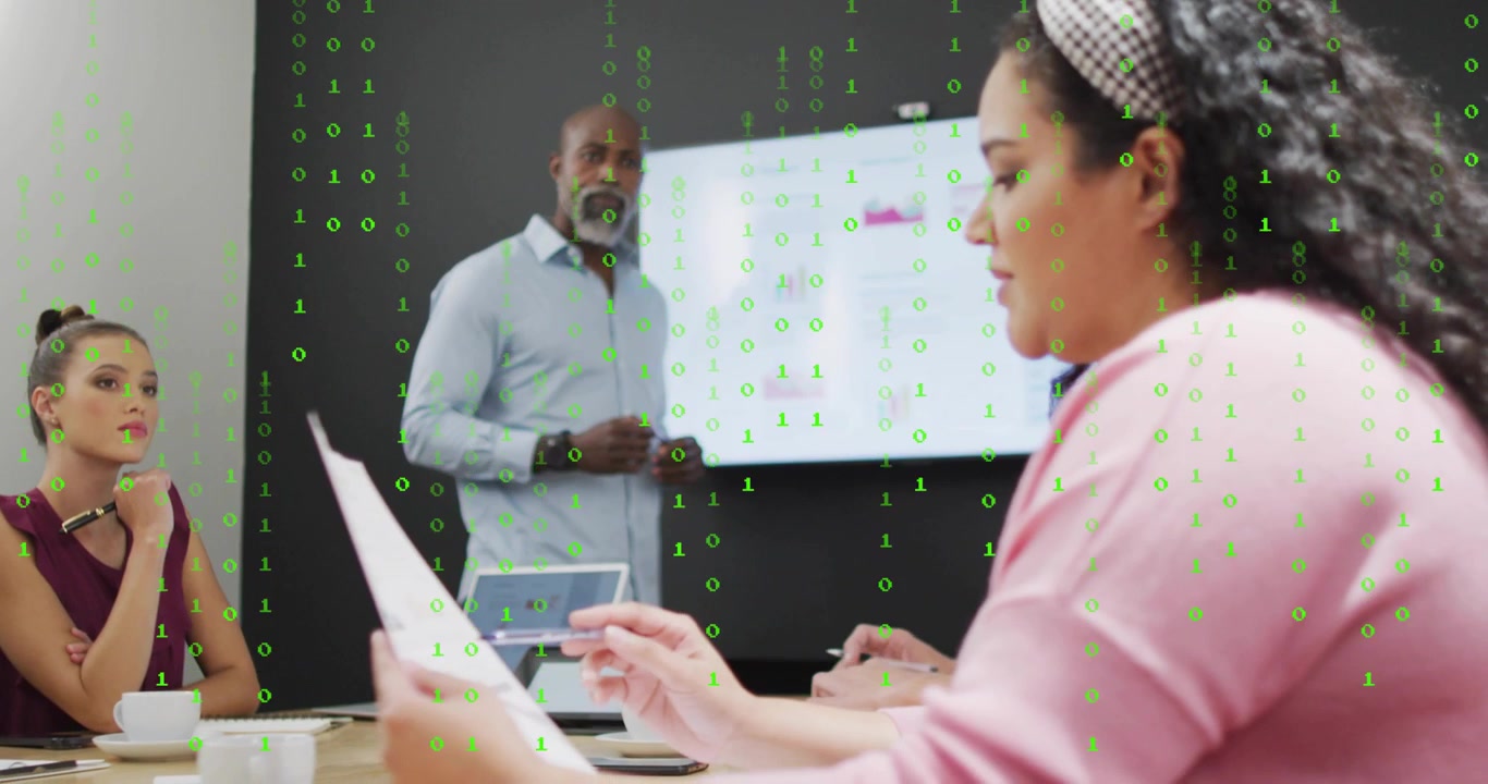 Camera shifting focus to woman reviewing report in business meeting with binary effect showing data